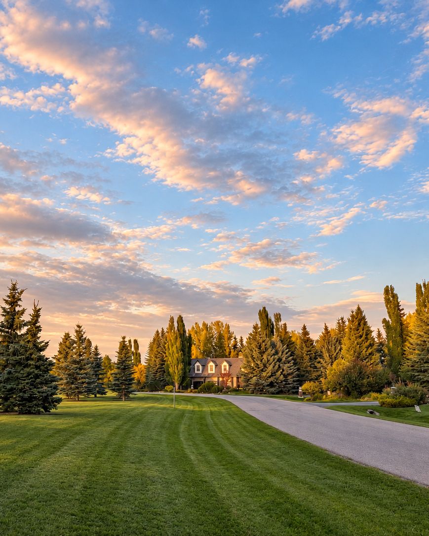 A Pinehurst street with mown lawns and spruce trees at sunset
